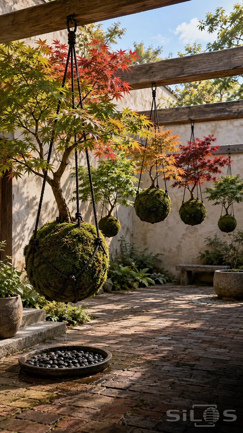 Moss ball maples hang from cords beneath timber beams, with green, amber and scarlet leaves above a brick courtyard.