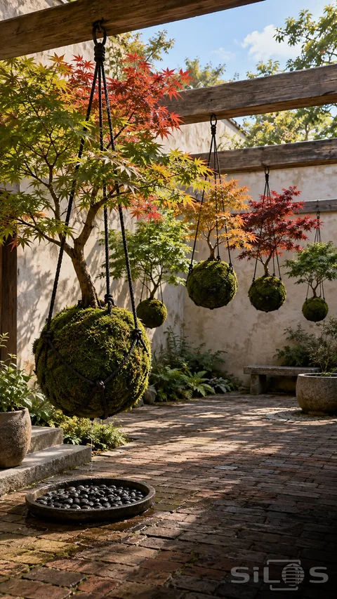 Moss ball maples hang from cords beneath timber beams; with green; amber and scarlet leaves above a brick courtyard.