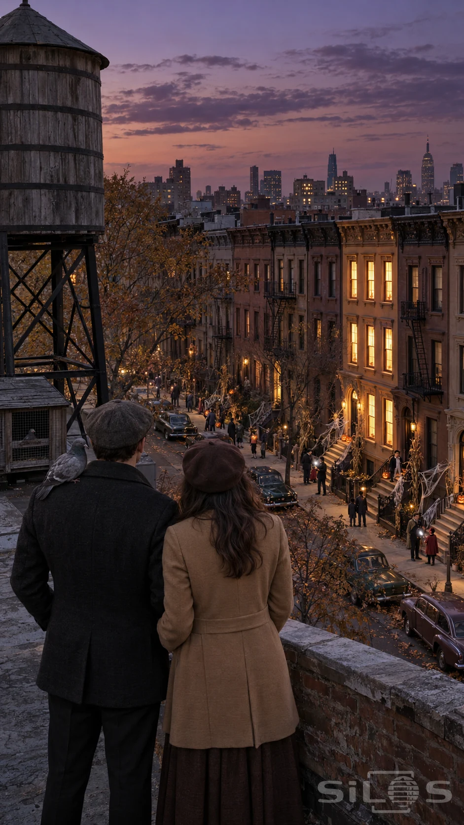 Two people beside a wooden water tower watch Halloween brownstones below, with a pigeon perched on the man’s shoulder.