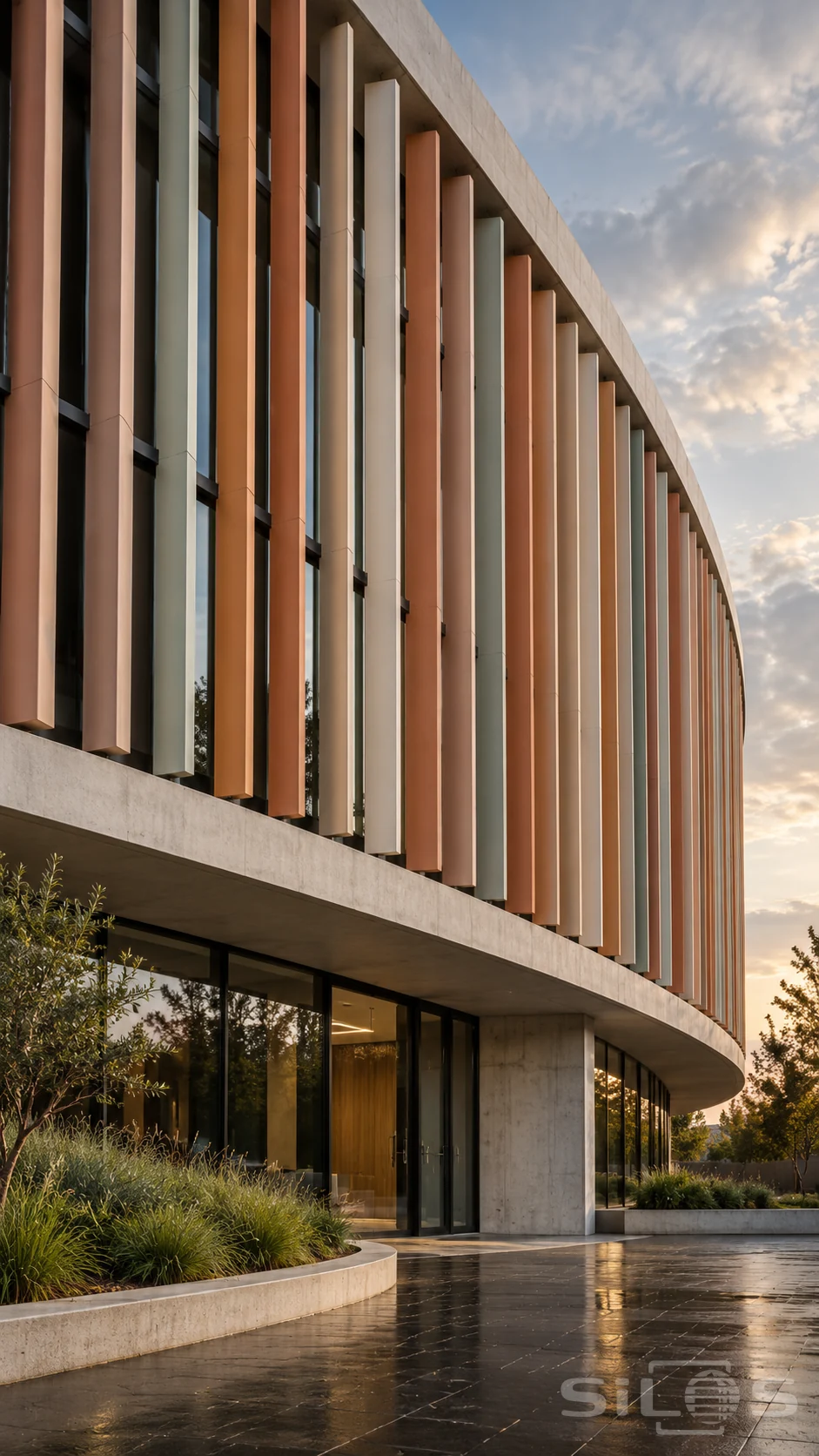 Terracotta fins in clay, ivory and pale green shades screen a curved facade above glass doors, planted grasses and wet paving.