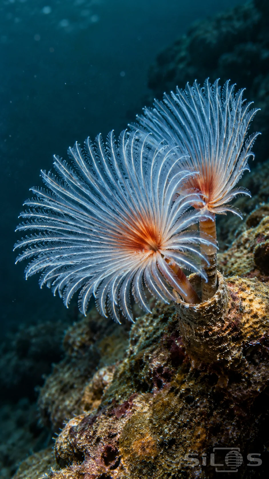 Two fan worms extend pale blue feathery crowns with orange centers from neighboring tubes in rough ochre reef rock.