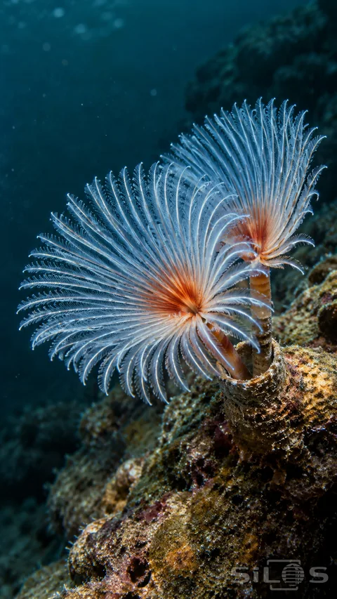 Two fan worms extend pale blue feathery crowns with orange centers from neighboring tubes in rough ochre reef rock.
