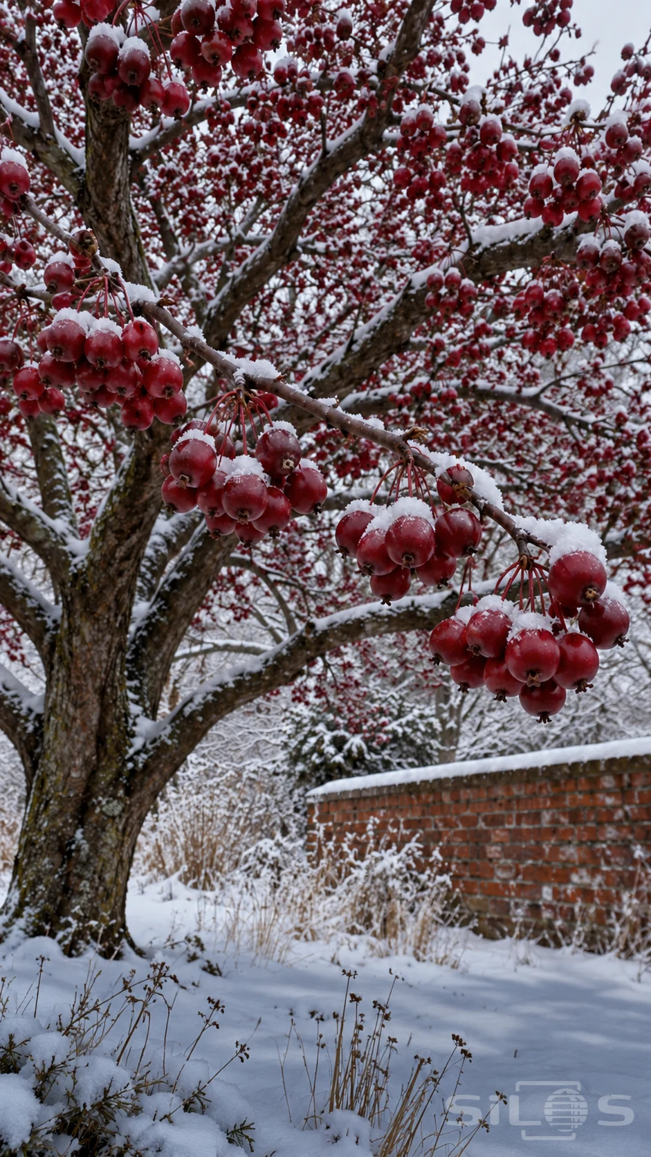 Crimson crabapples hang beneath snow-dusted branches above garden snow and a red brick wall in soft winter light.