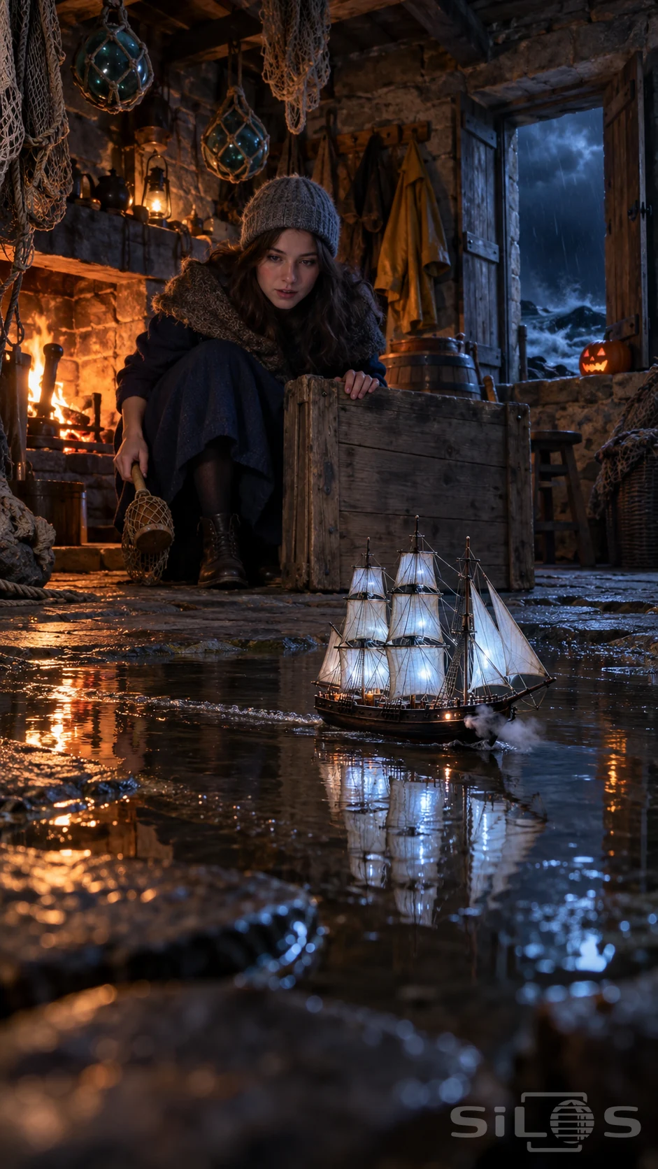 A woman crouches behind a crate in a stone fishing hut as a tiny three-masted ship with glowing sails crosses a reflective floor puddle.