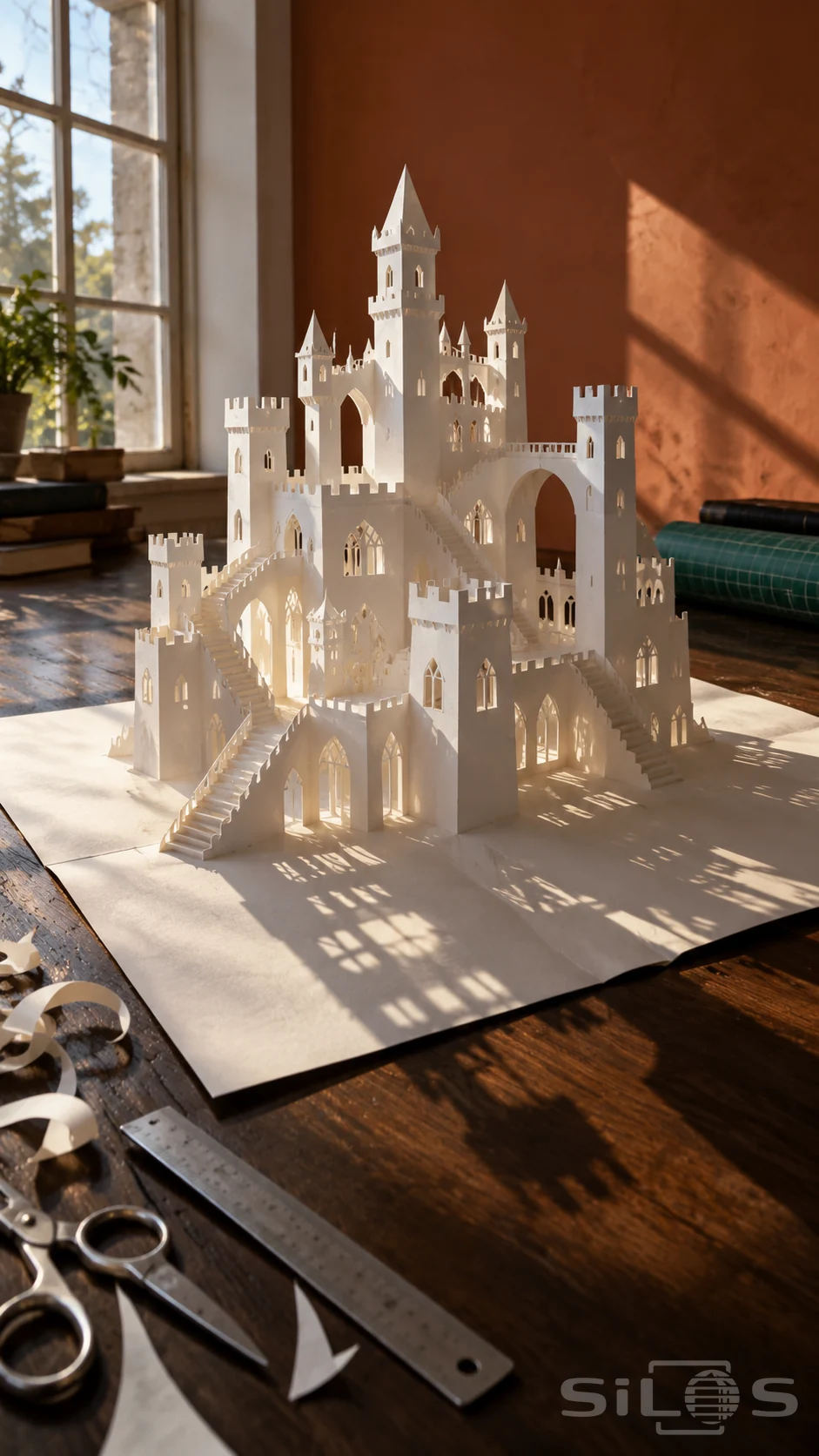 Paper castle with cut-out windows, bridges and stepped towers stands on folded card across a wooden desk.