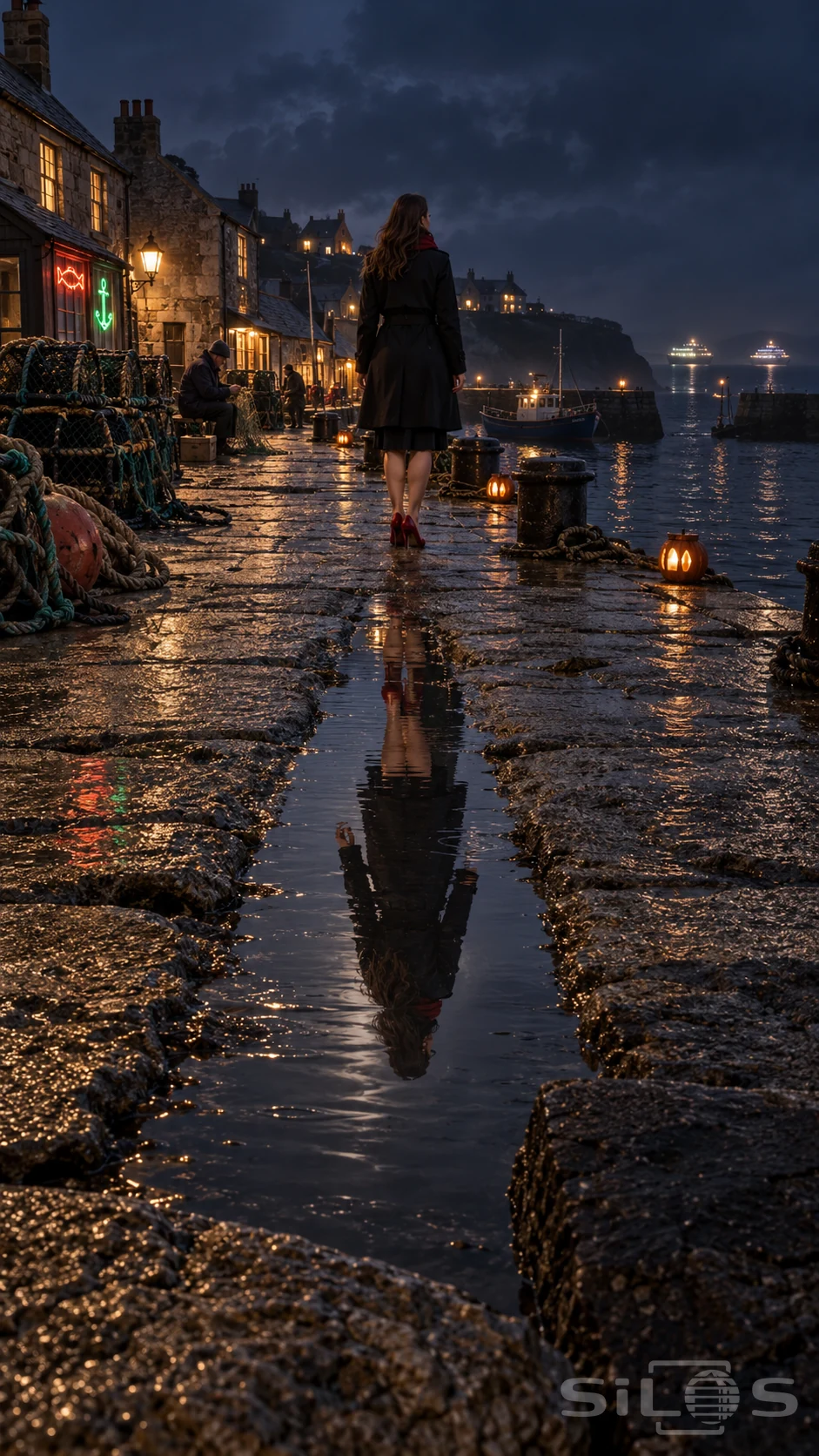 A woman pauses on a lantern-lit stone quay while her puddle reflection raises one arm beneath the dark harbour sky.