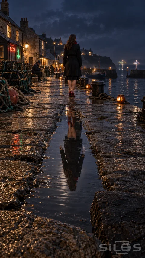 A woman pauses on a lantern-lit stone quay while her puddle reflection raises one arm beneath the dark harbour sky.