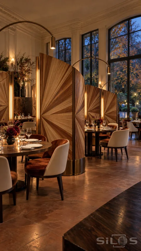 Tall radial straw screens between round dining tables beneath bronze arc lamps and windows overlooking autumn trees
