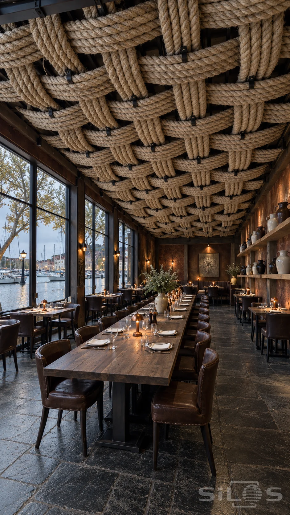 A thick woven rope ceiling above a walnut dining table and brown leather chairs beside tall harbour windows.