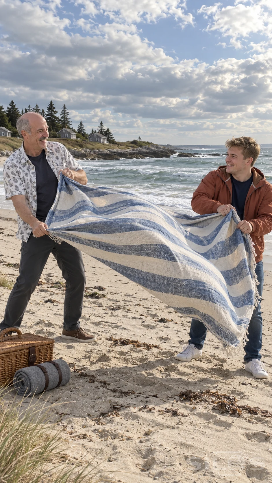 A father and adult son laugh as their blue striped beach blanket catches the wind beside a rocky shoreline.