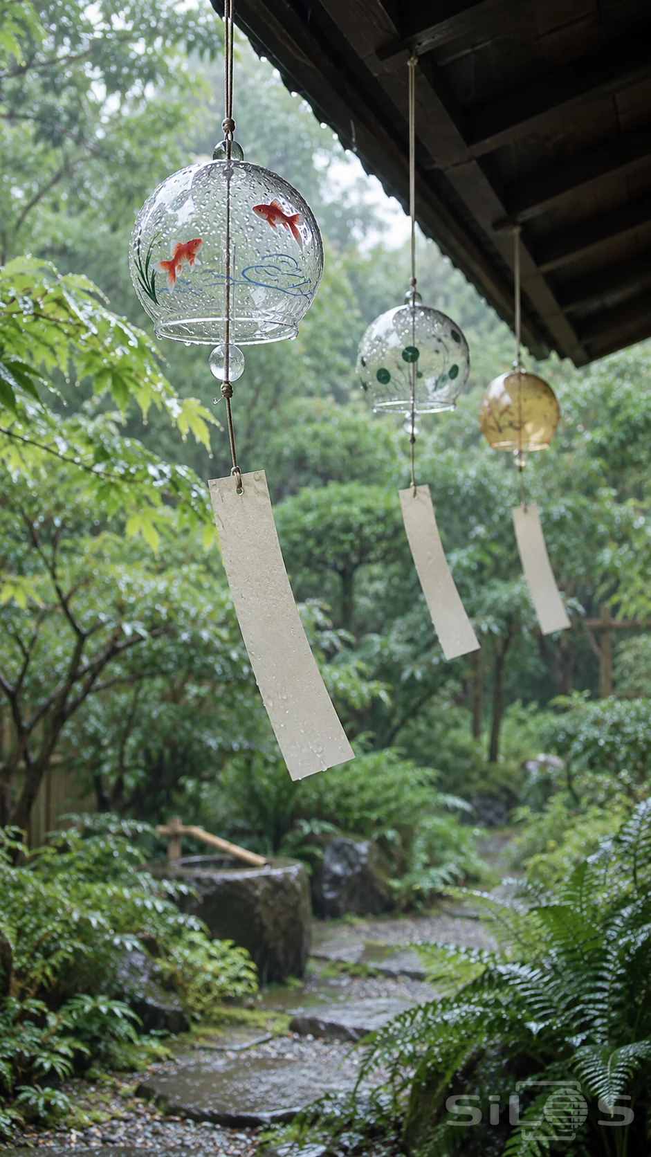 Three glass wind chimes with painted details and blank paper tails hanging above a wet green rain garden.