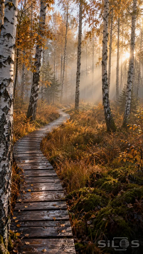 A wet timber boardwalk winds through a birch forest with white trunks; golden grasses and softly lit morning mist.