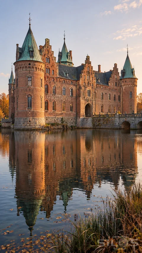A red brick castle with stepped gables and green copper tower roofs reflects in still moat water at sunset.