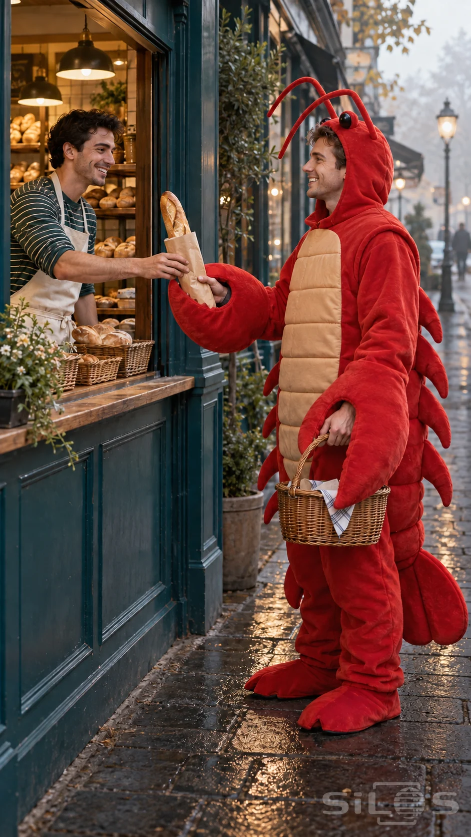 A man in a red lobster costume receives a baguette from a smiling baker at a turquoise bakery hatch.