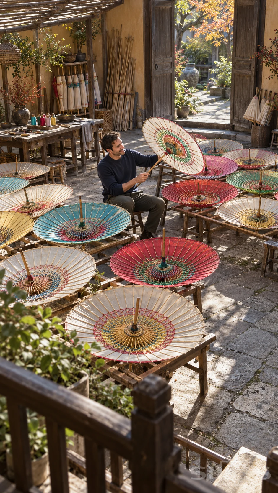A man in a navy sweater lifts a paper parasol in a courtyard workshop filled with open colourful parasols on drying racks.