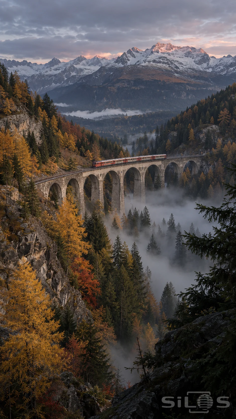A red train crosses a stone viaduct above an autumn forest, with mist in the valley and snow-dusted mountains beyond.
