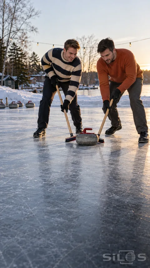 Outdoor pond curling with two men in striped and rust sweaters holding wooden brooms beside a gray granite stone.
