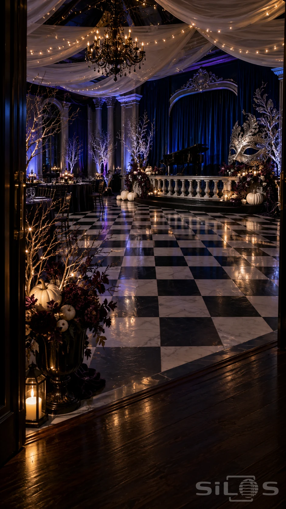 An empty blue masquerade ballroom with ivory ceiling drapes, a checkerboard dance floor, silver mask, grand piano and white pumpkins.