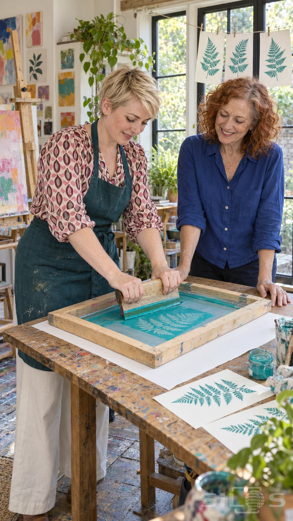 Two women make a screen print with turquoise ink and a wooden squeegee in a bright art room decorated with fern leaves.