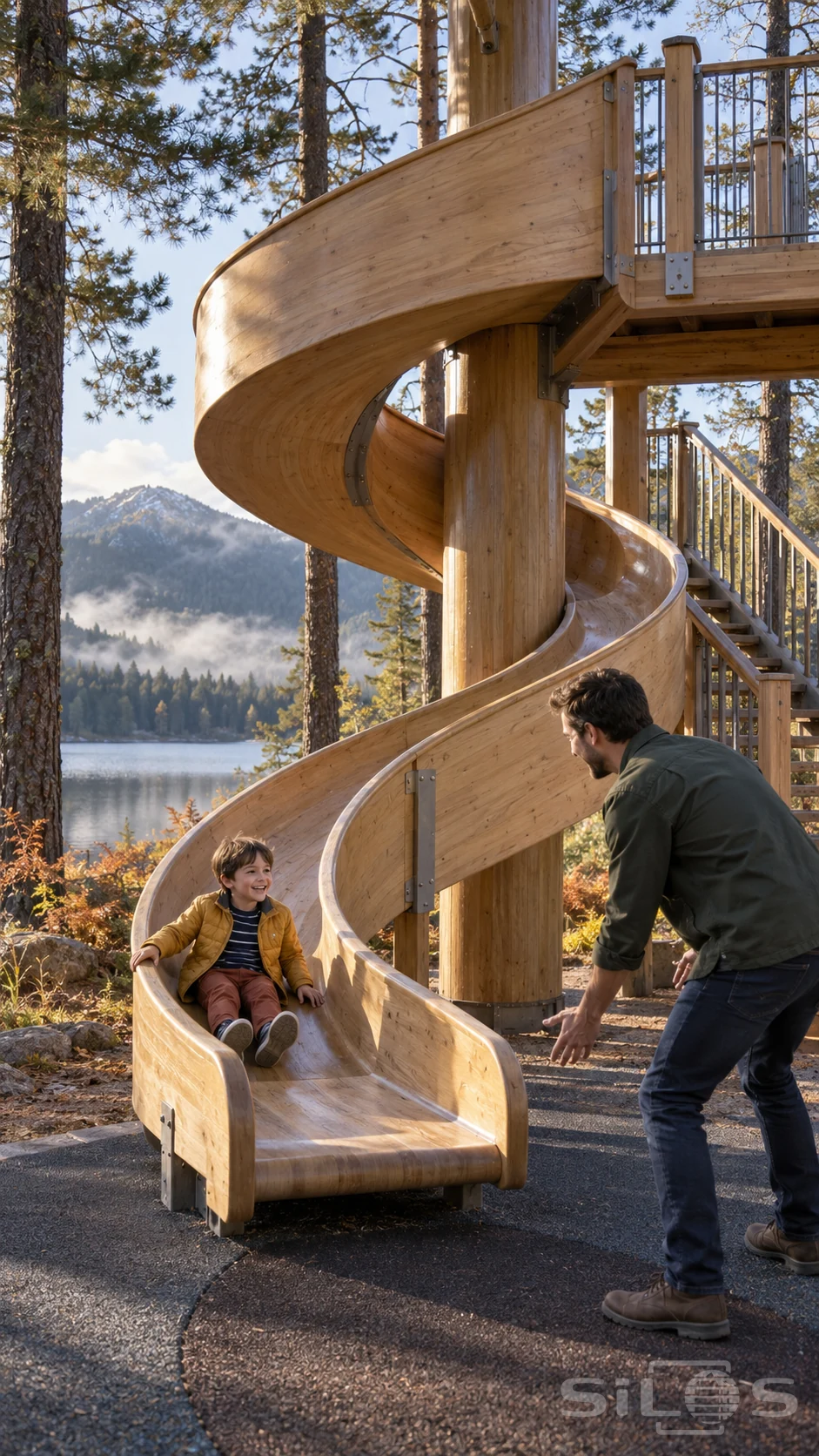 A boy smiles toward his father at the bottom of a curling timber slide among pine trees beside a calm blue lake.