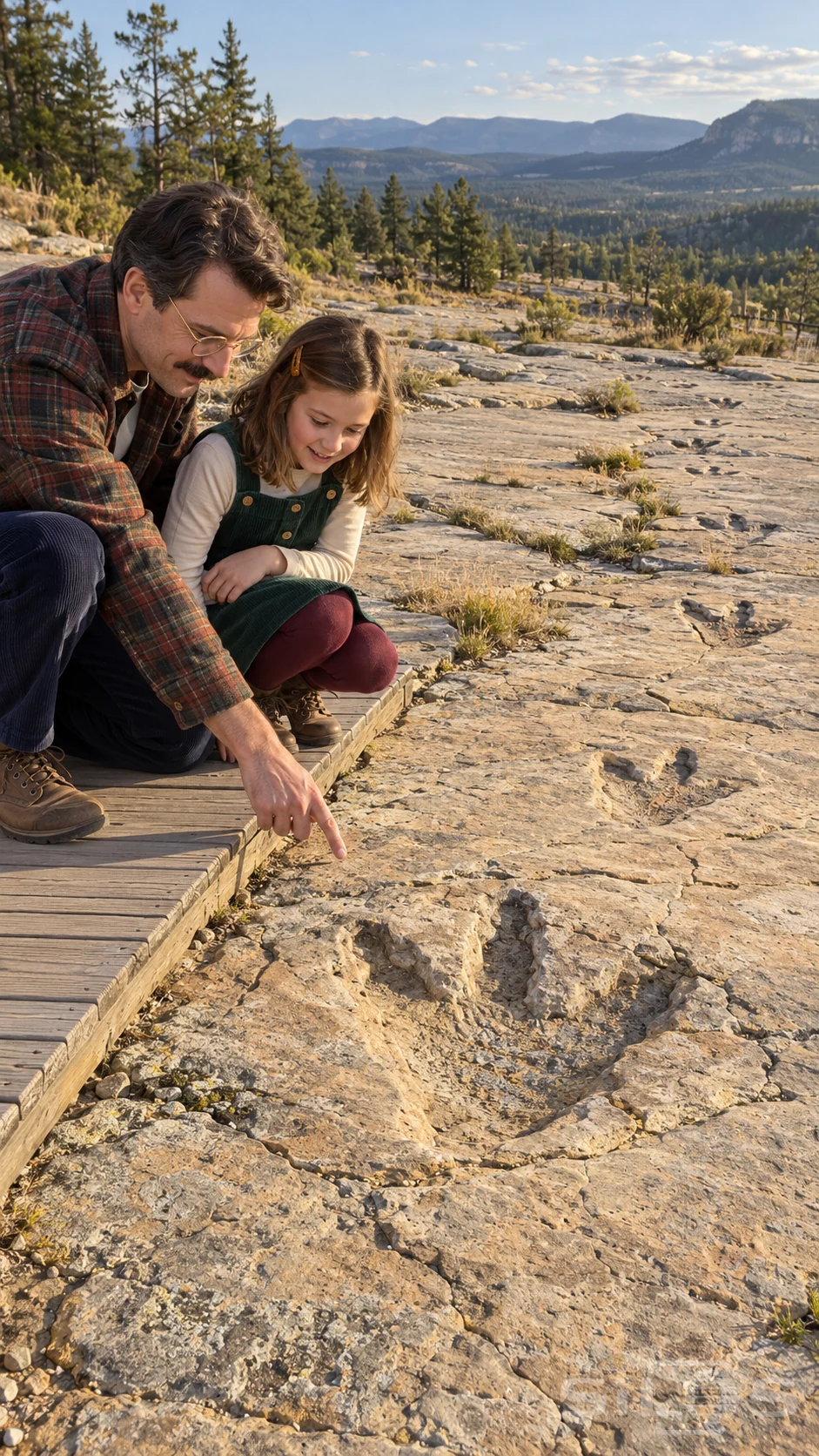A father points out a fossil footprint in a dinosaur trackway while his daughter crouches beside him on a wooden boardwalk.