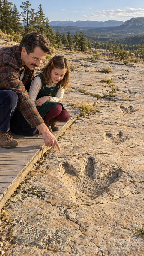 A father points out a fossil footprint in a dinosaur trackway while his daughter crouches beside him on a wooden boardwalk.