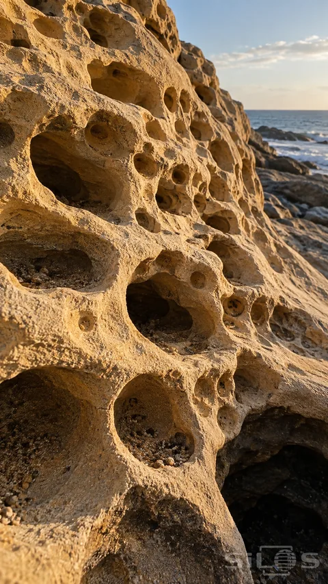 Pale honeycomb sandstone has deep rounded hollows and thin ridges; with a narrow soft band of sea in the distance.