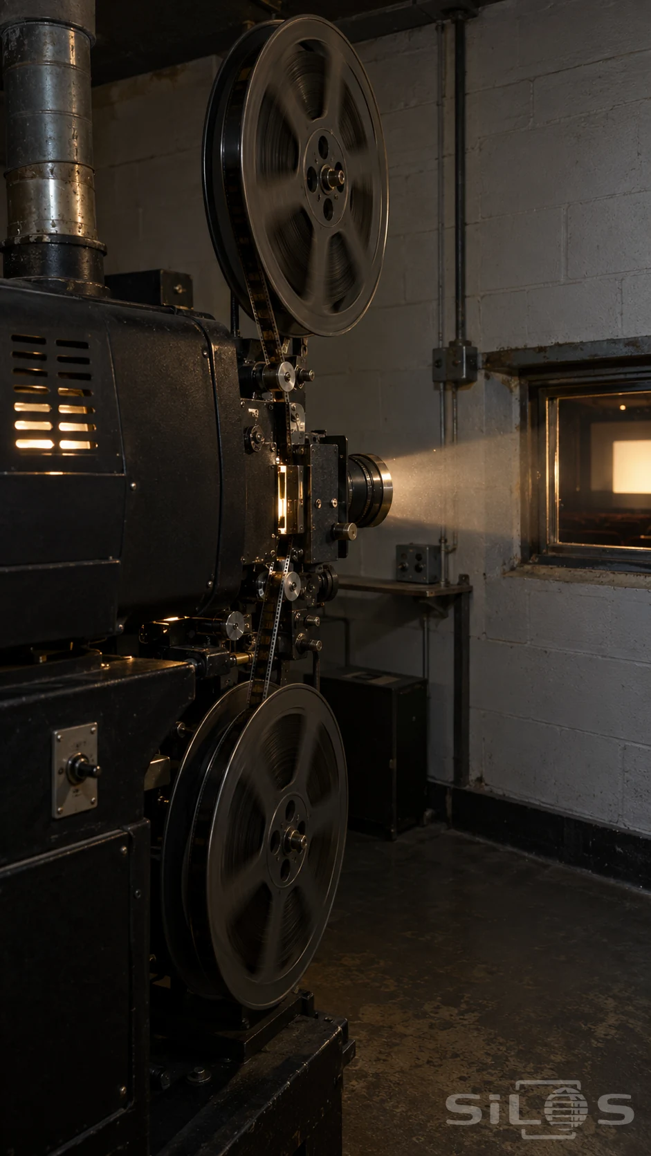 A mechanical projector catches the first frame as two film reels turn and a warm beam passes through a projection booth window.