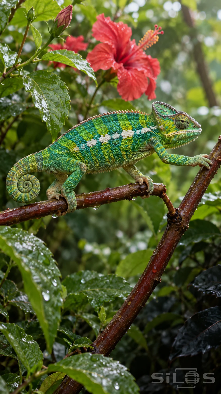 A green chameleon grips a red stem while reaching toward another branch, with a curled tail and glossy leaves behind.