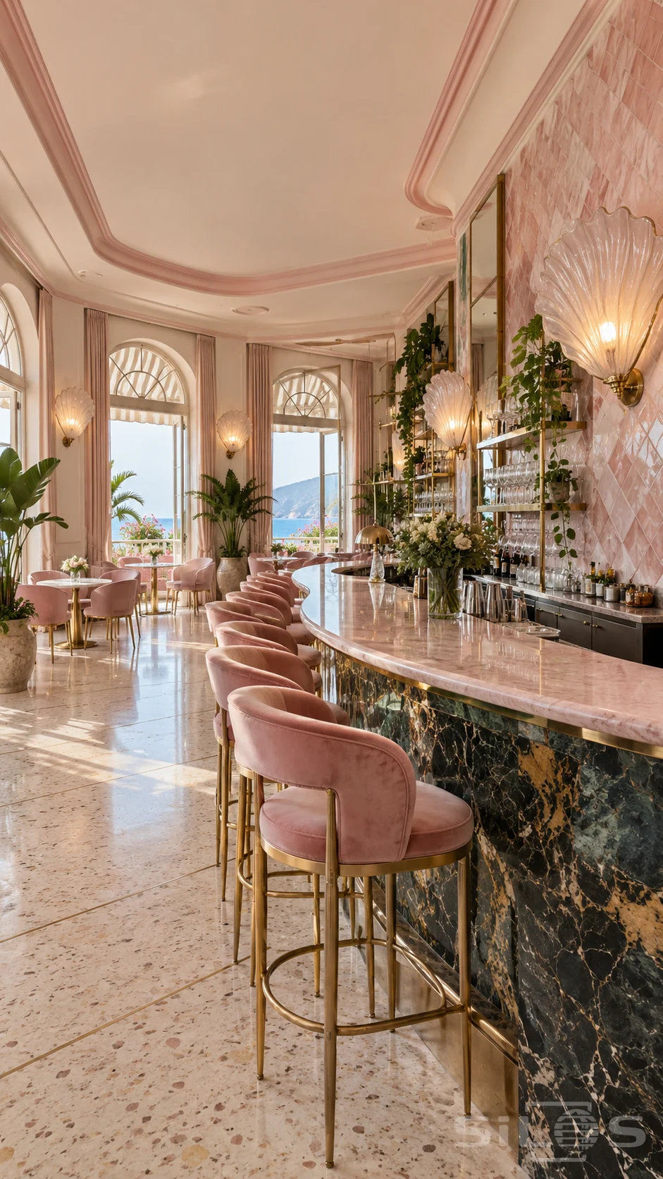 Pink and brass seaside salon with a curved marble counter, green veined stone front, velvet stools and large shell-shaped wall lamps.