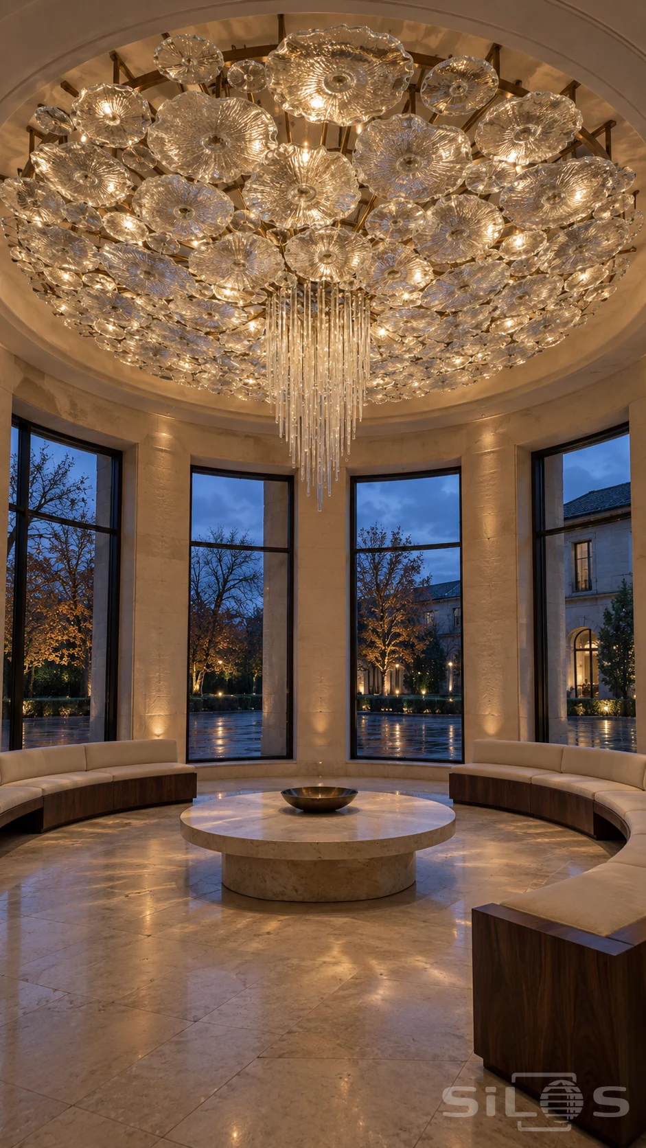 A broad ceiling chandelier of ruffled clear glass dishes hangs above curved walnut benches in a circular stone salon.