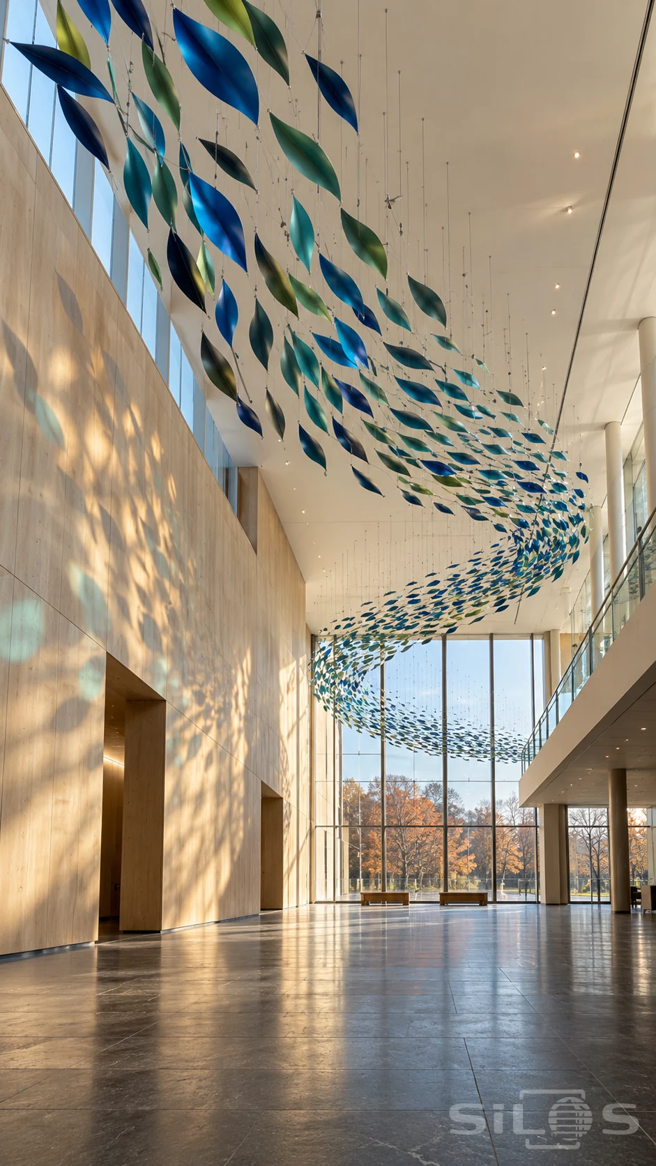 Hundreds of curved blue and green metal leaves hang on fine wires in a sweeping mobile above an empty sunlit atrium.