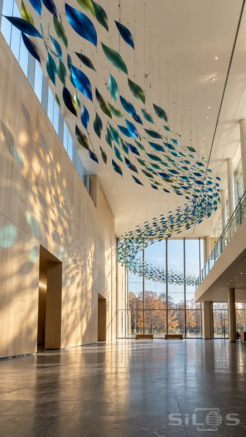 Hundreds of curved blue and green metal leaves hang on fine wires in a sweeping mobile above an empty sunlit atrium.