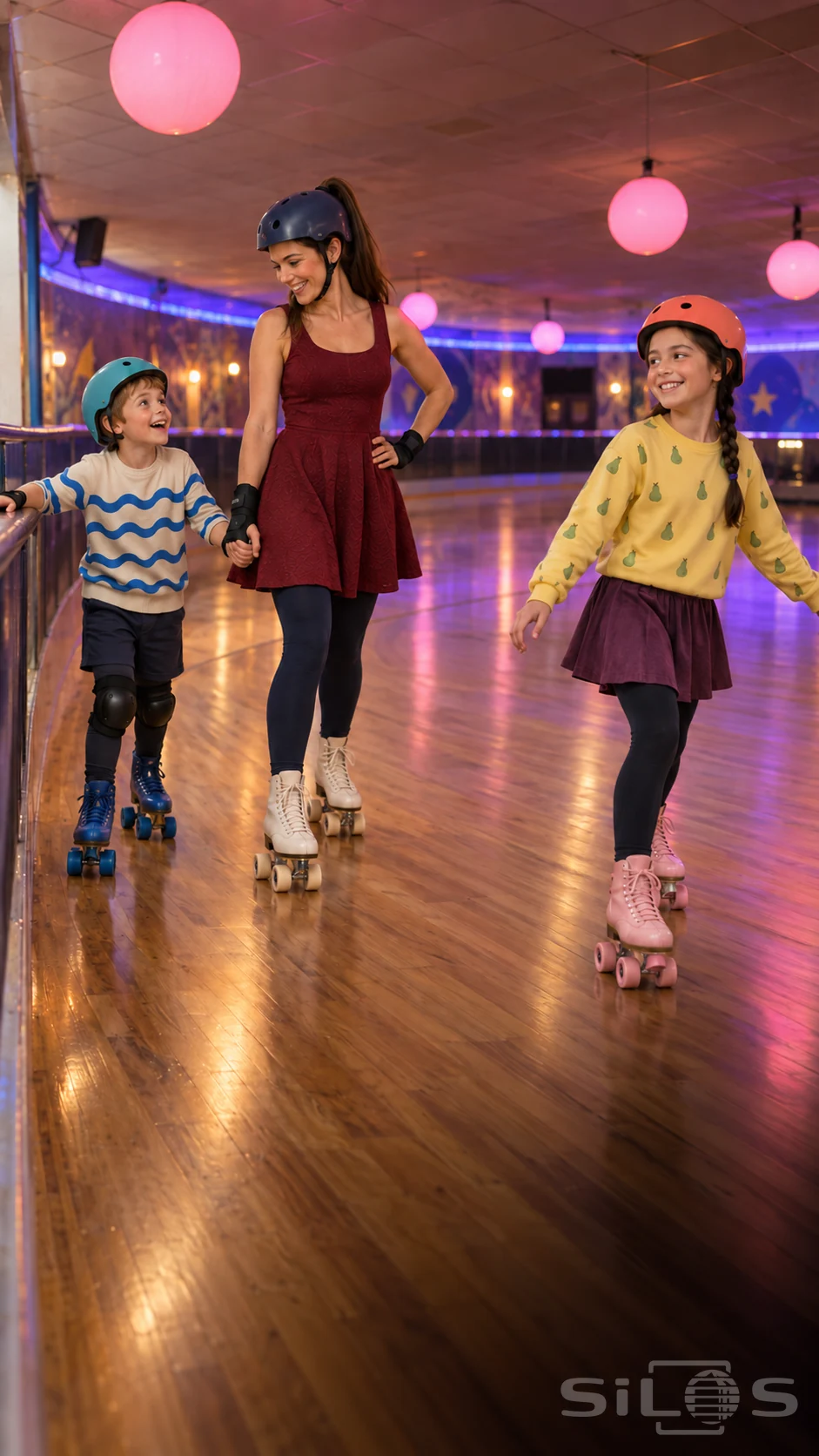 A mother holds her young son's hand on roller skates while an older girl glides ahead across a rink beneath pink lights.
