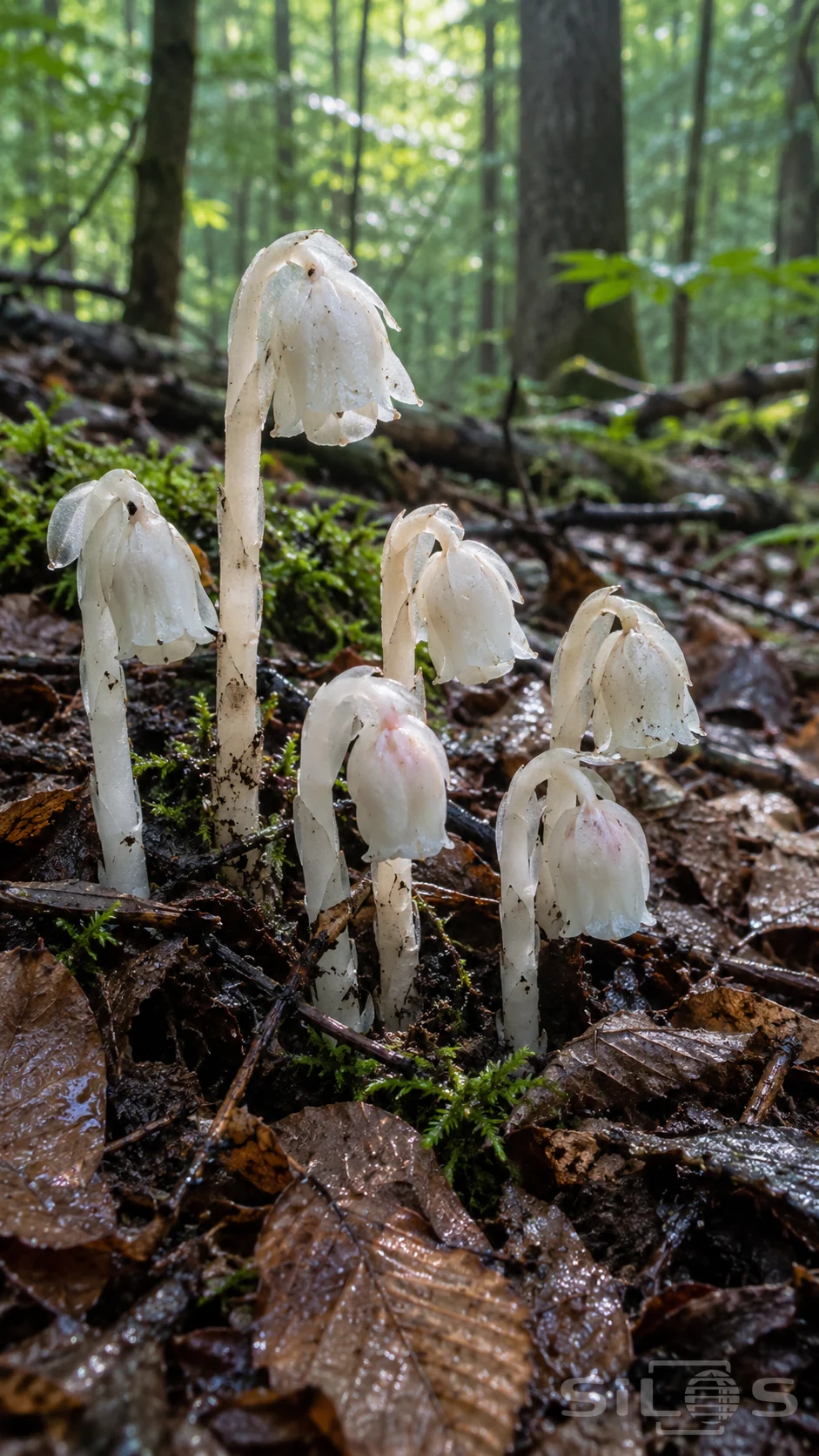 Ghost pipe flowers with translucent nodding white heads rise from wet brown leaves and moss on a shaded forest floor.