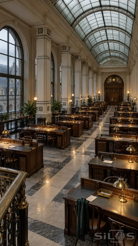 Ivory civic hall with tall striped columns; a curved glass roof; walnut writing desks and glowing brass lamps.