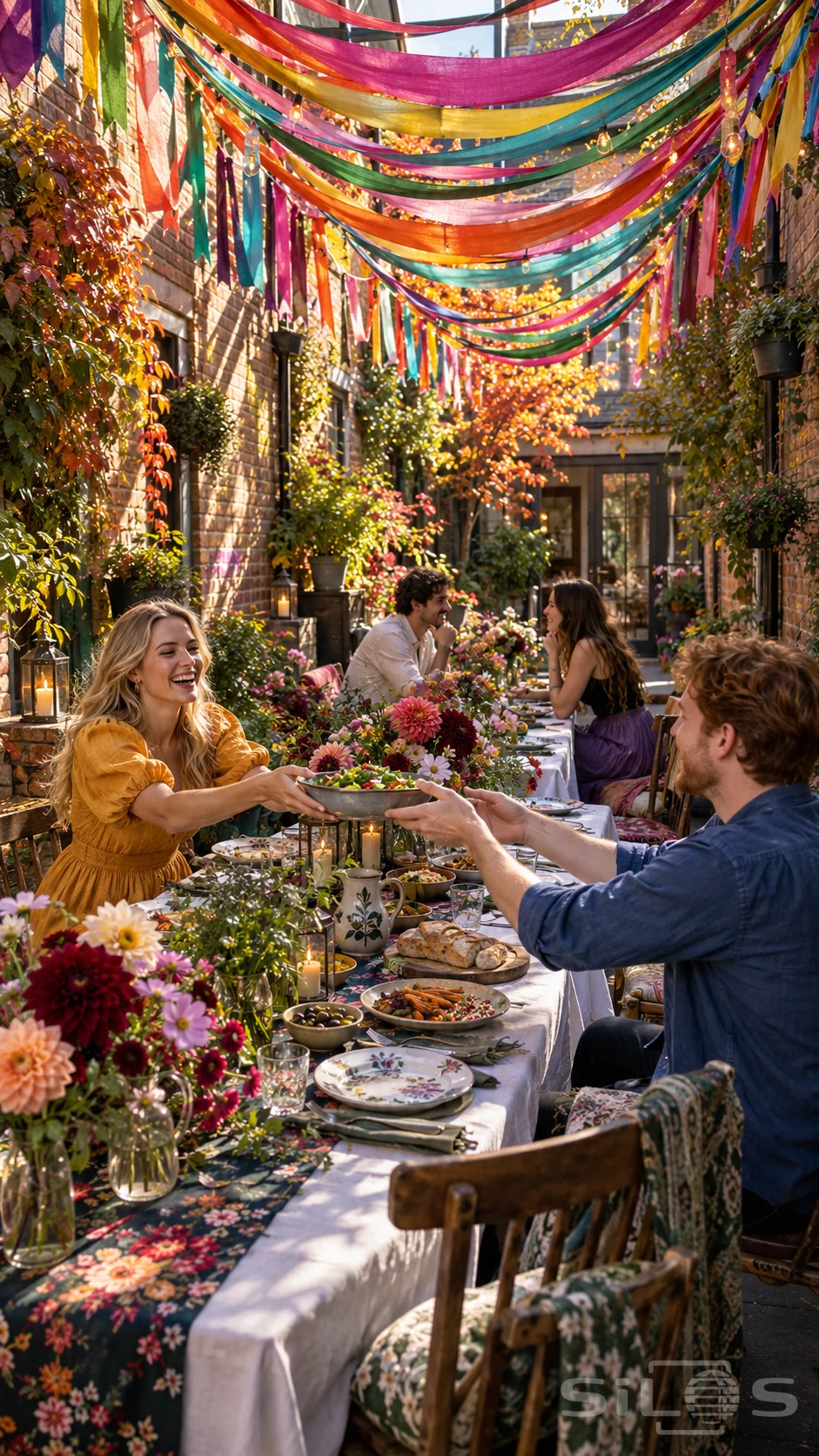Friends share a meal beneath a multicolored ribbon canopy above a long table filled with flowers in a brick courtyard.