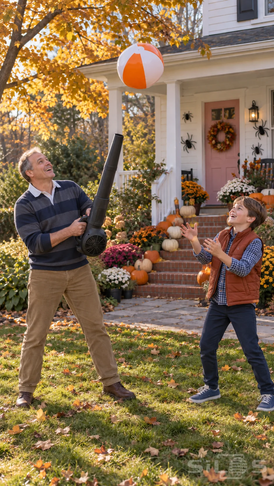 A father and son watch a floating beach ball above an upward leaf blower on an autumn lawn beside a pumpkin-filled porch.