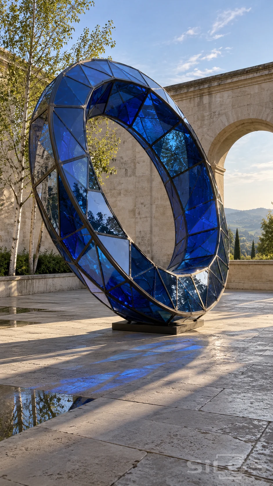 Large tilted cobalt blue glass ring made of faceted panes in a limestone courtyard with birch trees and an open arch