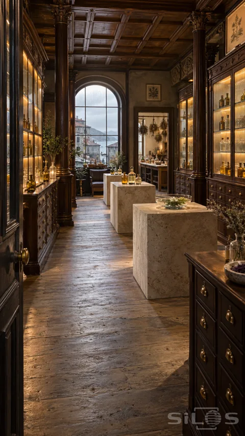 Walnut perfumery with lit ribbed-glass cabinets; amber bottles; pale stone display blocks and a tall window overlooking coastal rooftops.