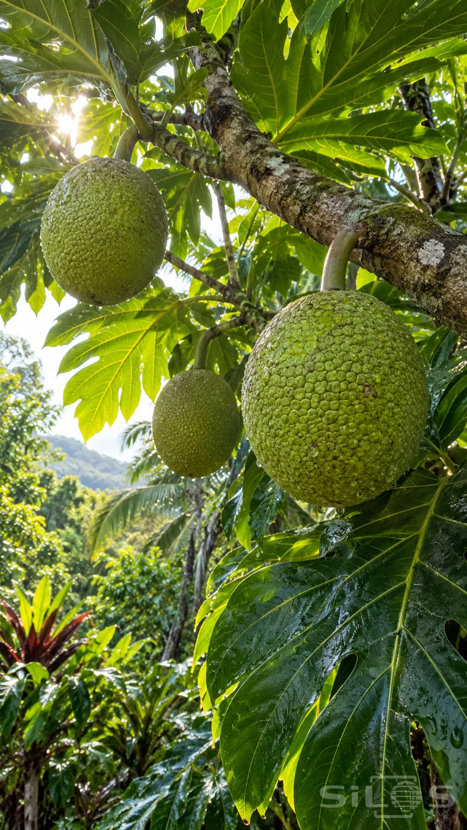 A breadfruit canopy holds three green fruits beneath deeply lobed wet leaves and a thick branch lit from behind.