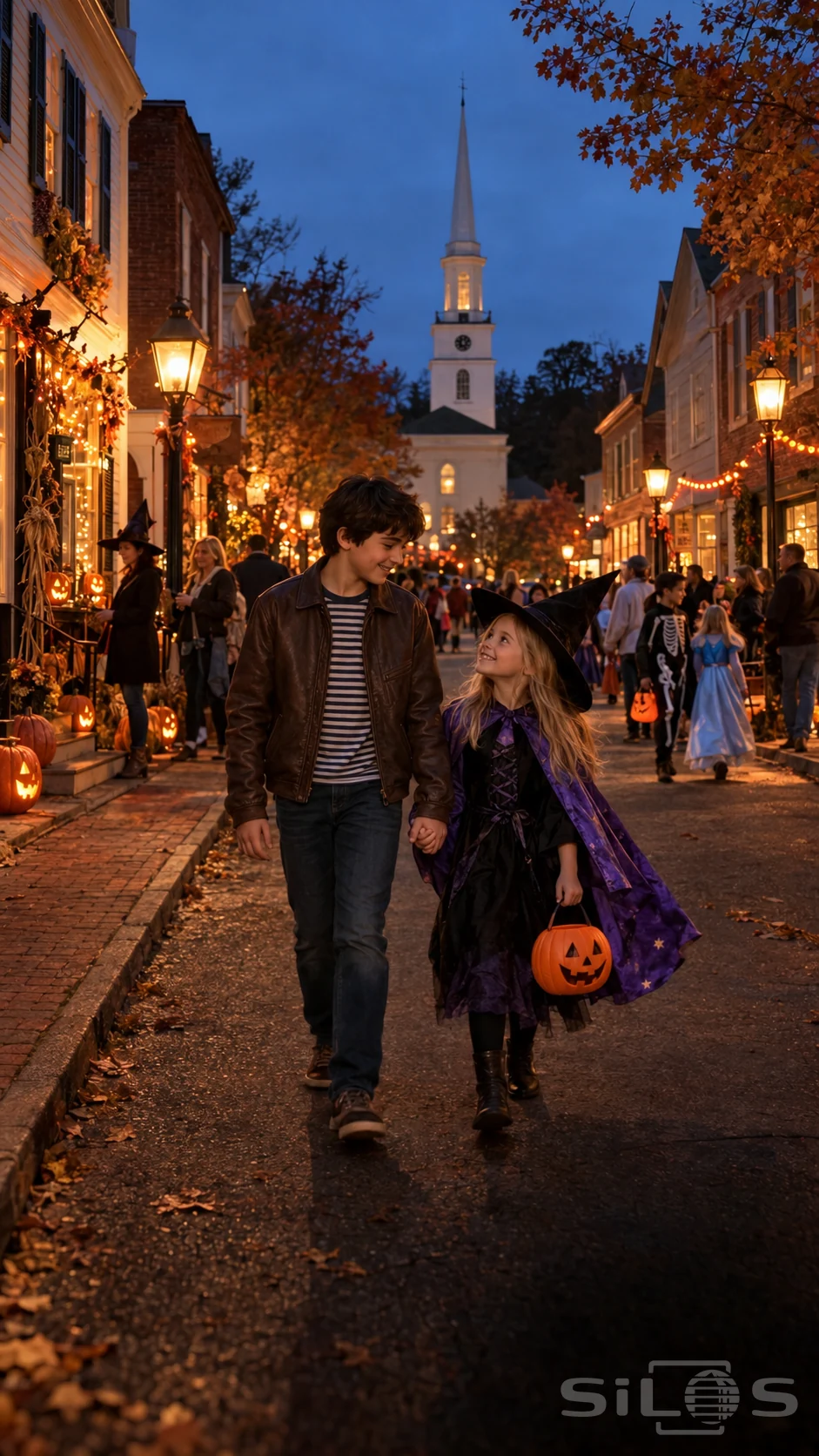 A boy holds his younger sister's hand as they walk past pumpkin-lit shopfronts and costumed families on a town street.