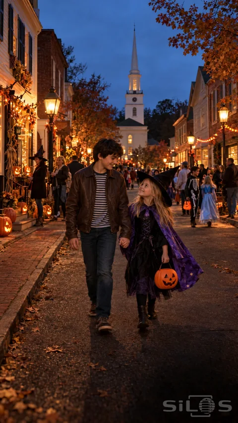 A boy holds his younger sister's hand as they walk past pumpkin-lit shopfronts and costumed families on a town street.