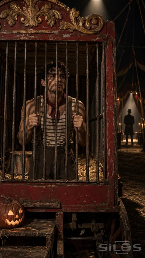 A young circus hand grips straight iron cage bars while curved shadows stripe his face and arms beneath a carved red-and-gold wagon crest.