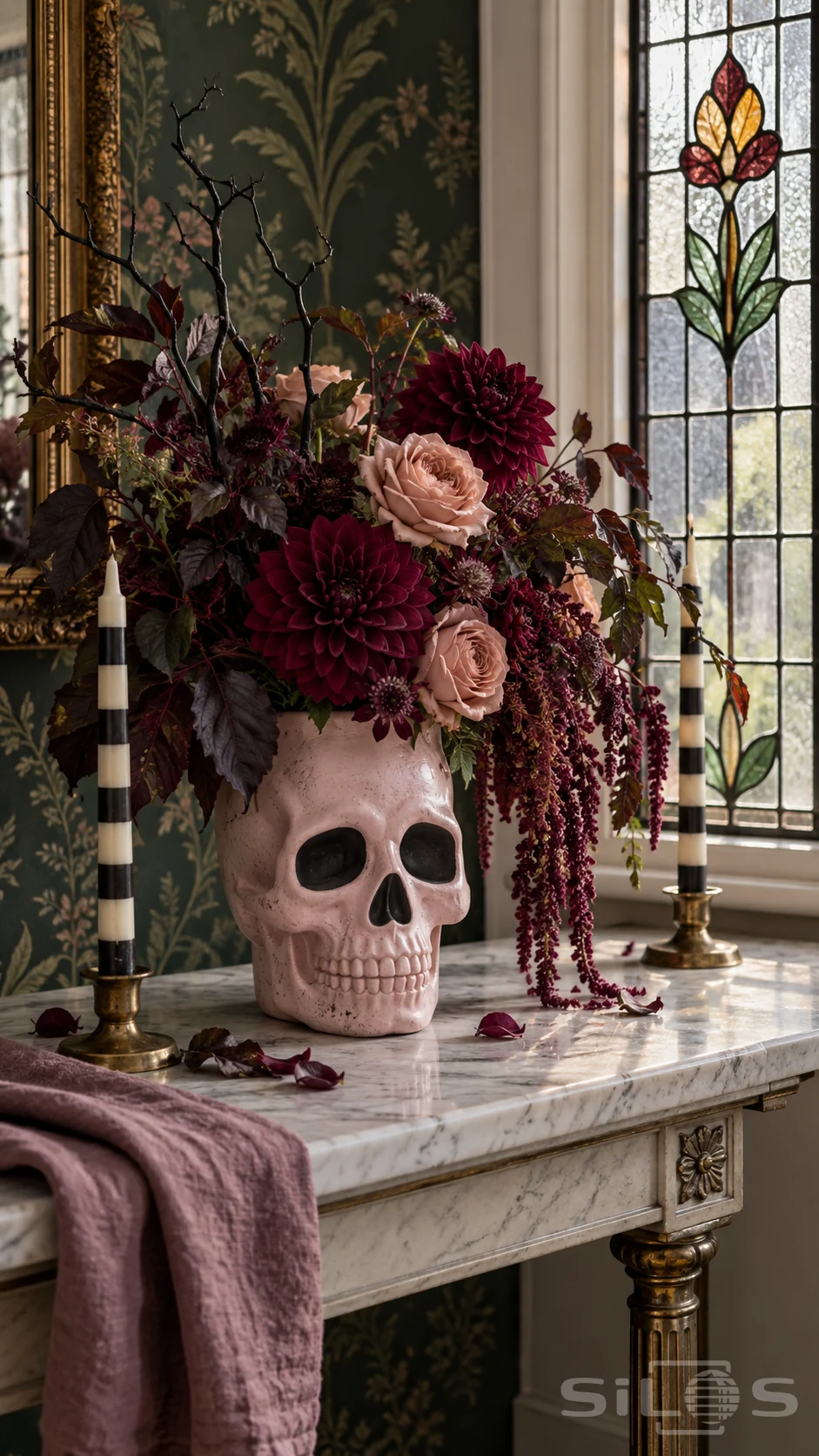 A pink skull vase holds burgundy dahlias and peach roses between striped candles on a marble console.