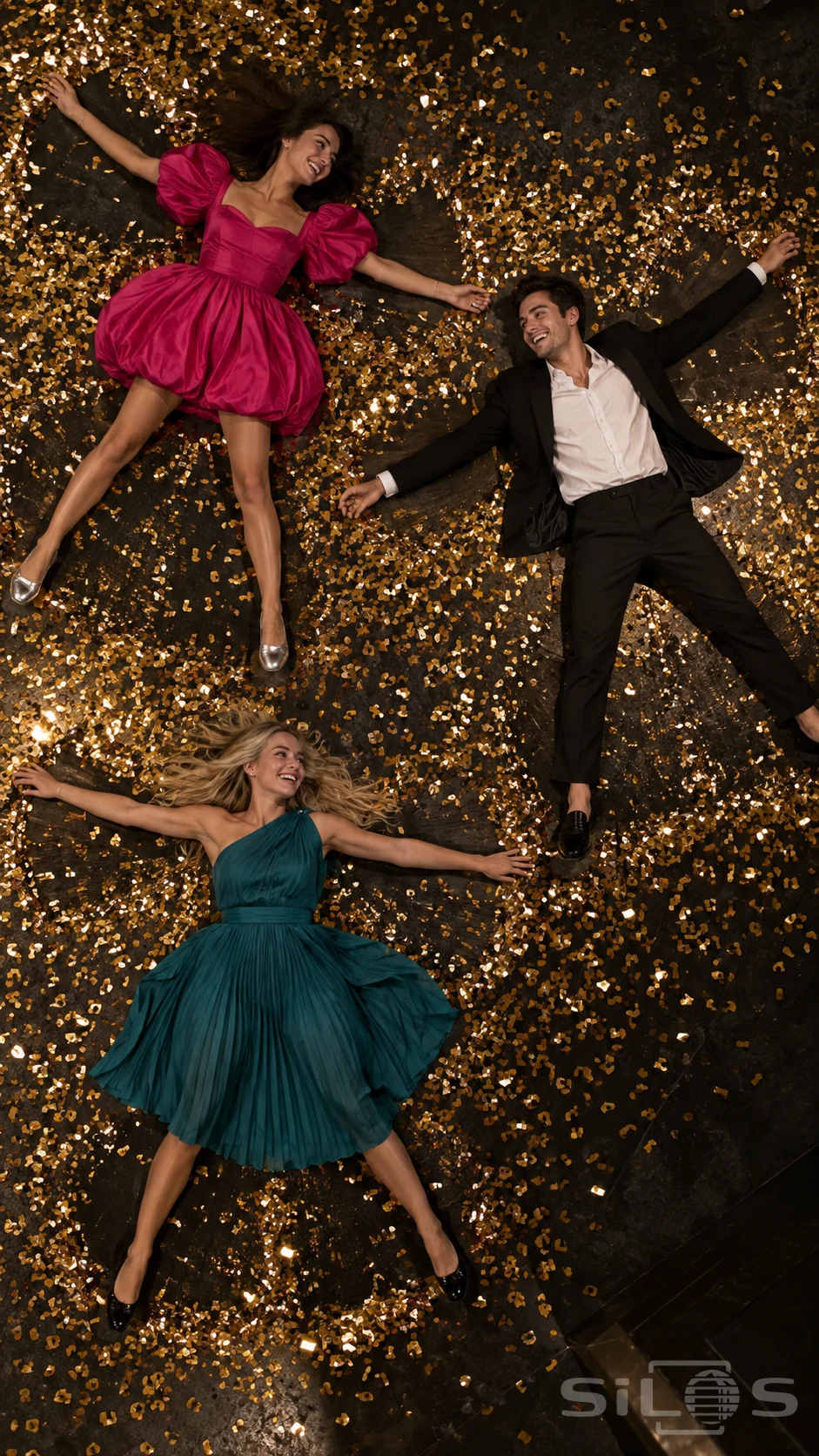 Three adults in colorful evening outfits make confetti angels on a dark floor in an overhead party photo.