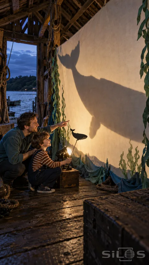A father and son hold a paper puppet before a lamp; casting a huge shadow whale onto a cloth screen inside a timber boathouse.