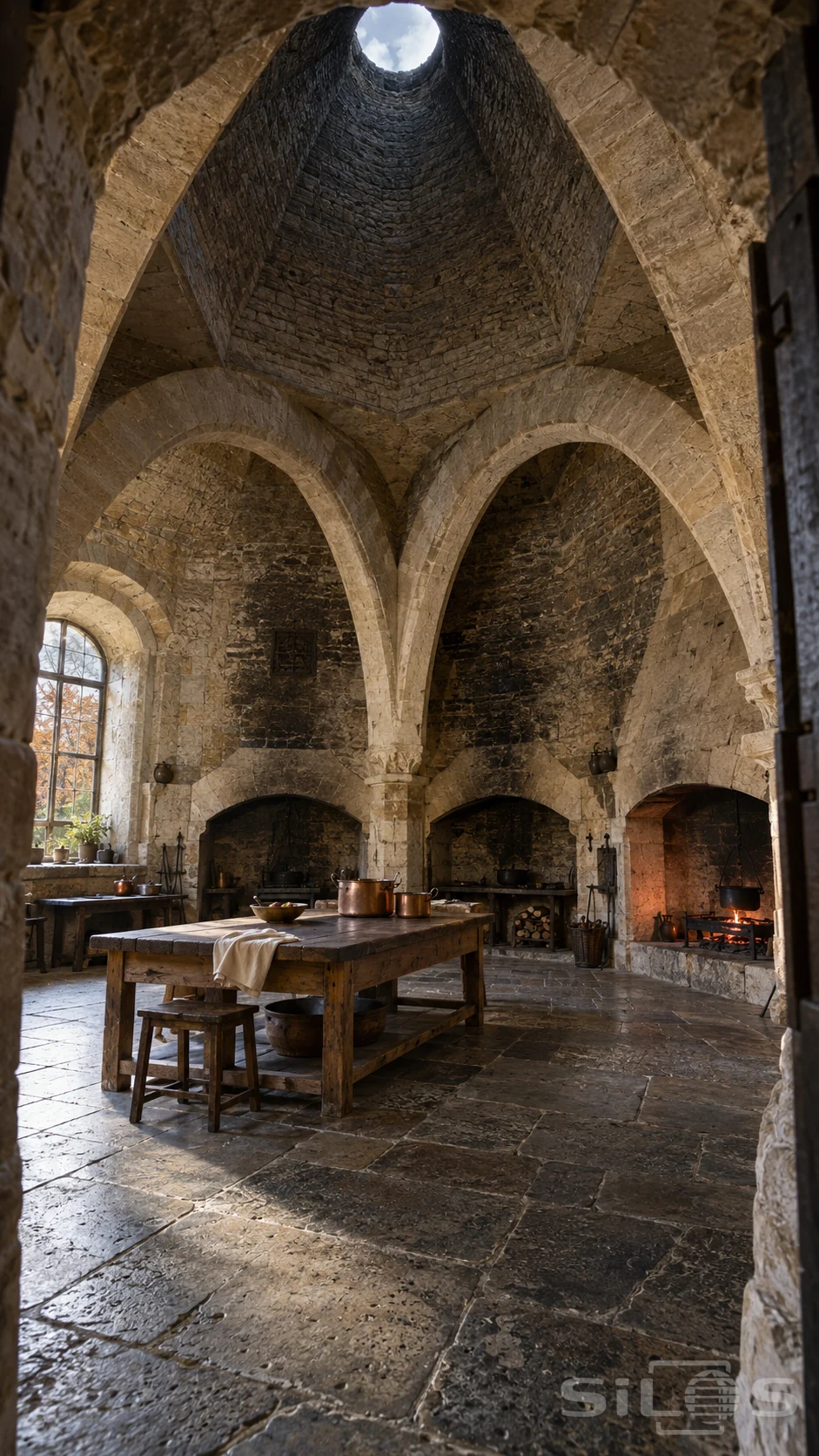 A stone kitchen with towering arches and an open chimney above an oak table, copper pots and a glowing hearth.