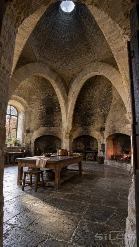 A stone kitchen with towering arches and an open chimney above an oak table; copper pots and a glowing hearth.