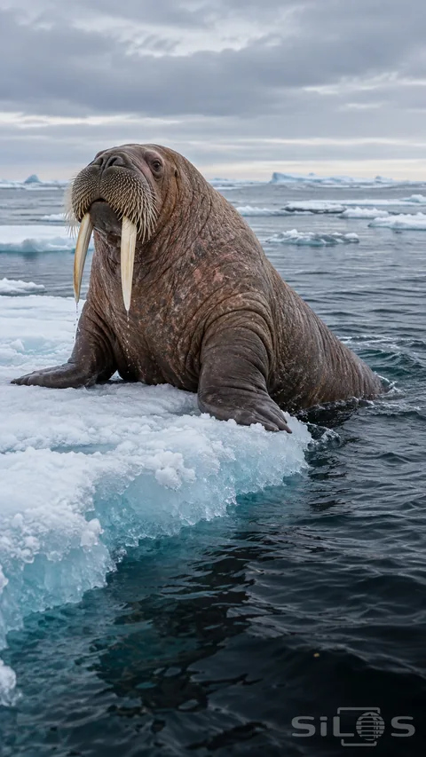 A walrus presses its foreflippers onto a low ice floe; with two ivory tusks and wet brown skin above dark water.